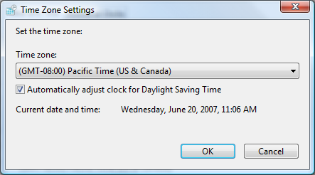 time zone settings dialog