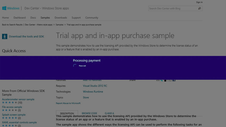 An in-app purchase payment processing prompt