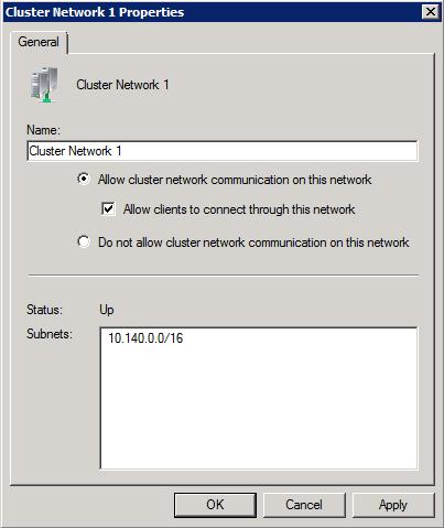 Failover cluster Network Properties dialog box