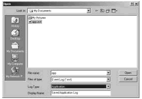 Figure 3-10: Use the Open dialog box to open the saved event log in a new view.