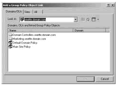 Figure 4-2: Use the Add A Group Policy Object Link dialog box to link existing policies to new locations without having to recreate the policy definition.