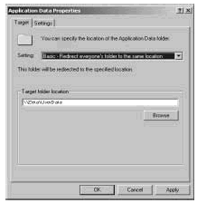 Figure 4-4: Set options for the redirection using the Application Data Properties dialog box.
