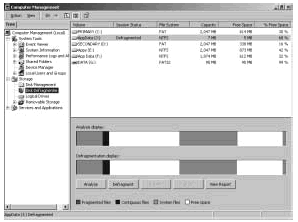 Figure 10-11: Disk Defragmenter analyzes and defragments disks efficiently. The more frequently data is updated on drives, the more often you'll need to run this utility.
