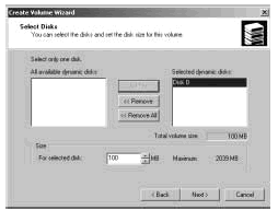 Figure 11-3: Use the Select Disks dialog box to select disks to be a part of the volume, and then size the volume on each disk.