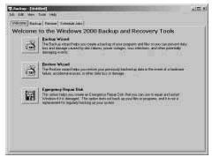 Figure 14-1: The Windows 2000 Backup utility provides a user-friendly interface for backup and restore.