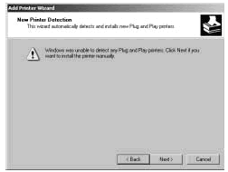 Figure 16-4: If you see the Add Printer Wizard dialog box, Windows 2000 didn't find the new print device. You'll need to manually install the print device.