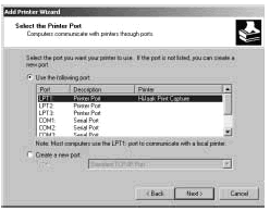 Figure 16-5: In the Add Printer Wizard window, select a printer port for a local printer or select the Create A New Port option button for a network-attached printer.