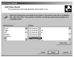 Figure 16-6: Select a print device manufacturer and printer model with the Add Printer Wizard.