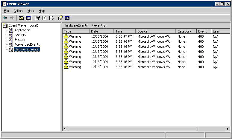 Event Viewer - Hardware Events warnings