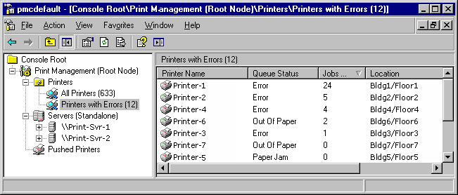 PMC filtered view of printers showing errors