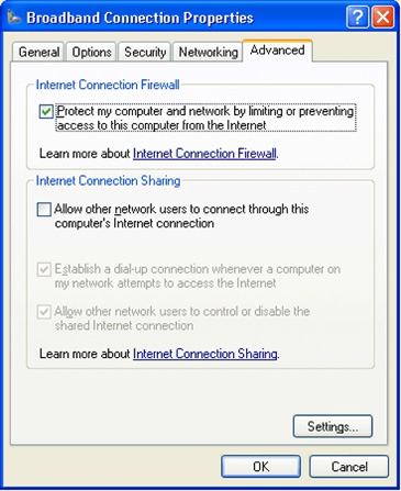 Broadband Connection Properties dialog box