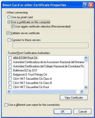 Figure 3   The properties of the Smart Card and Other Certificate EAP type for Windows XP SP1 and later