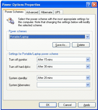 Figure 1: Windows XP Professional supports a variety of power management options, aimed at providing users with the ability to choose the balance between battery life and performance that best meets their needs