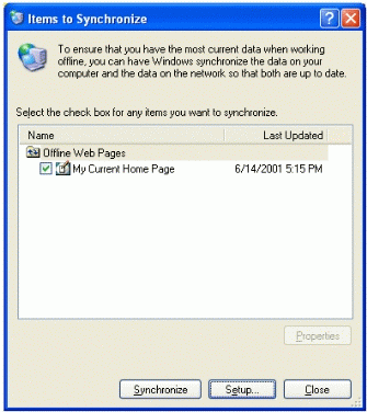 Figure 5: Windows XP Professional offers Synchronization Manager, which provides a single location for synchronizing offline resources