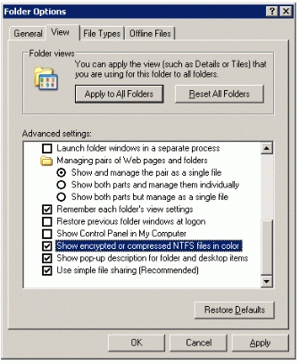 Figure 20: Selecting options for showing encrypted files in color