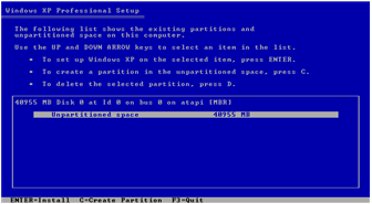 Figure 2.4 Configuring partitions during Windows XP Setup