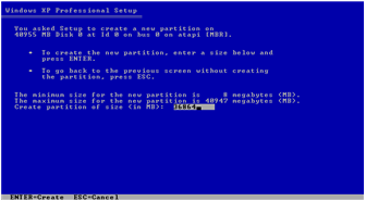Figure 2.5 Creating a new partition during Windows XP setup 