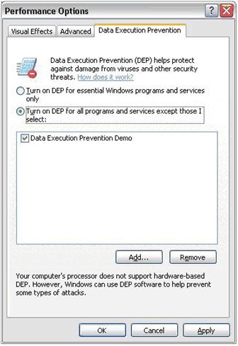 Figure 3.18 Configuring the DEP exception list in system