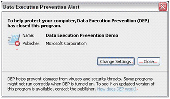 Figure 2.10  Administrator warning when an application encounters a problem with DEP