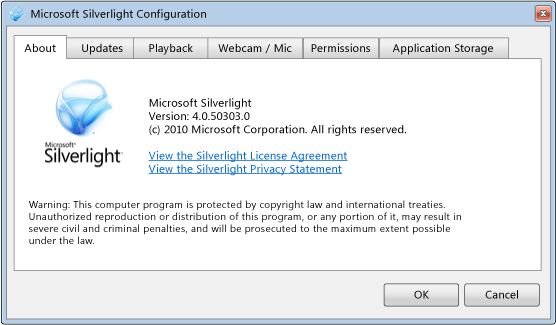 Microsoft Silverlight Configuration Dialog Box