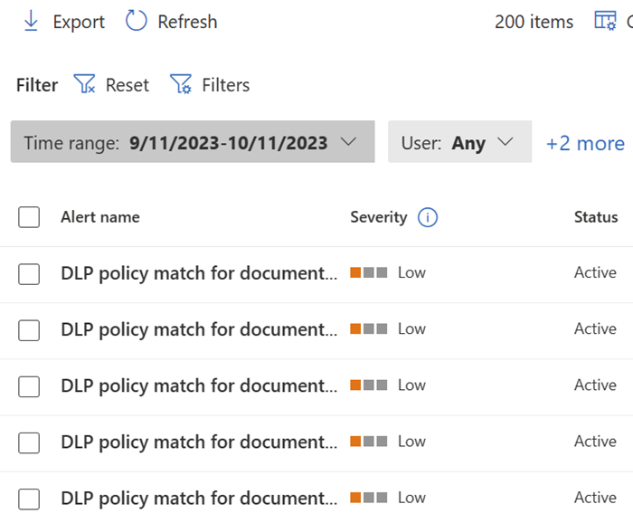 a screenshot of the simulation alerts tab. It shows a flat list of all the alerts that were generated when an item matched the policy in simulation. It has the same format as the DLP alerts console