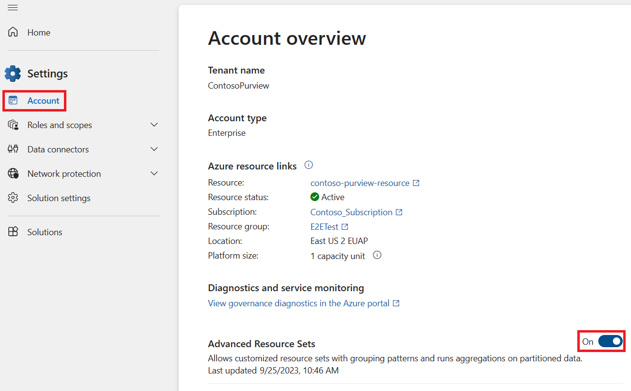 Screenshot of the account page in the settings, with the Advanced resource sets toggle set to on.
