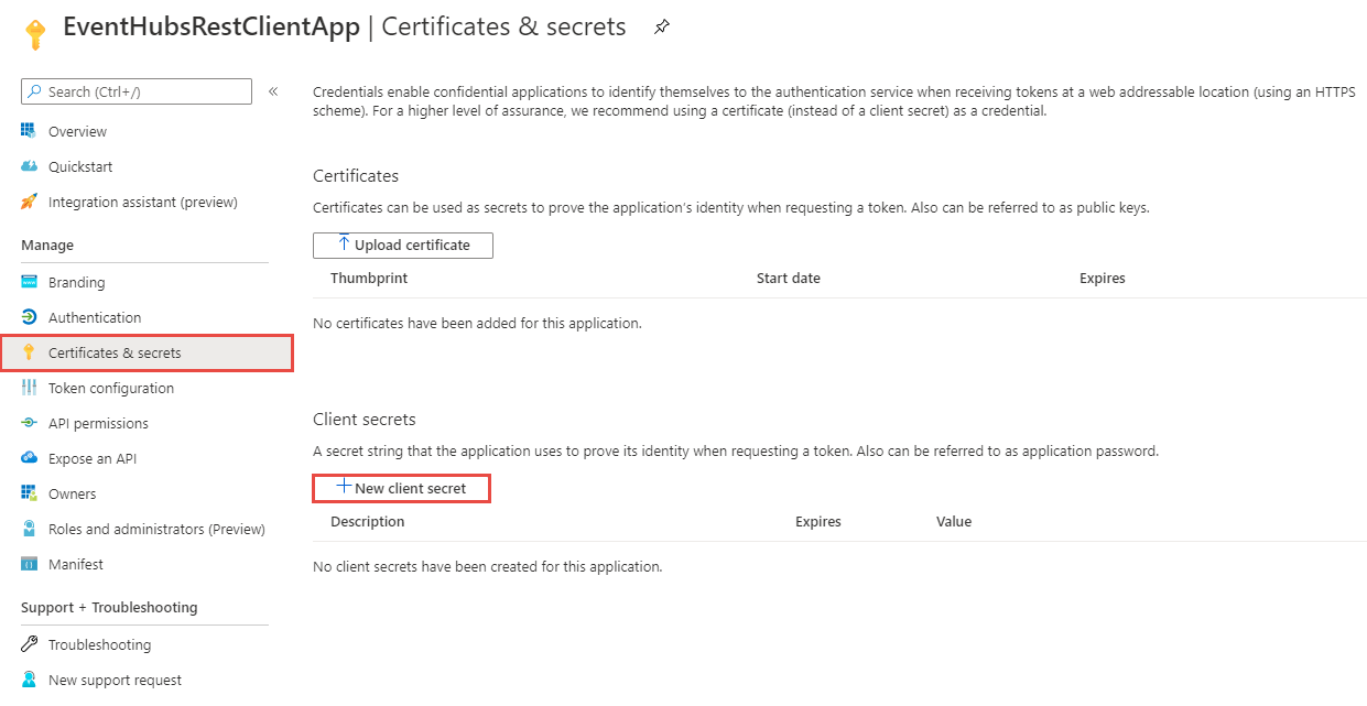 Screenshot showing the Certificates & Secrets page.