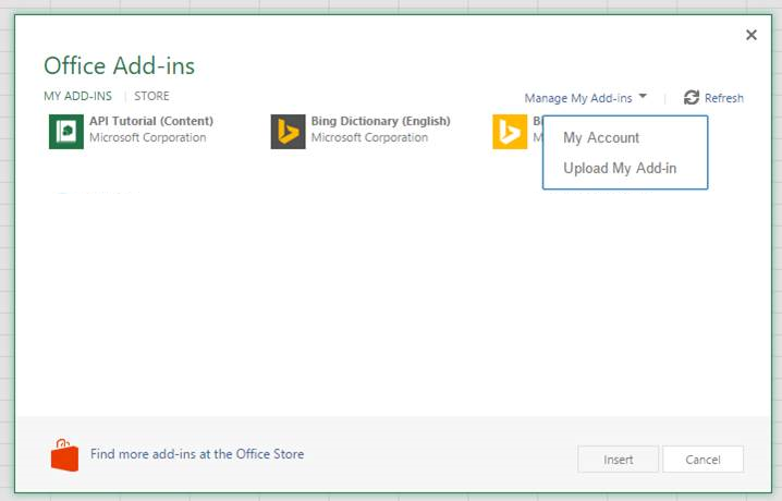 The Office Add-ins dialog with a drop-down in the upper right reading "Manage my add-ins" and a drop-down below it with the option "Upload My Add-in".