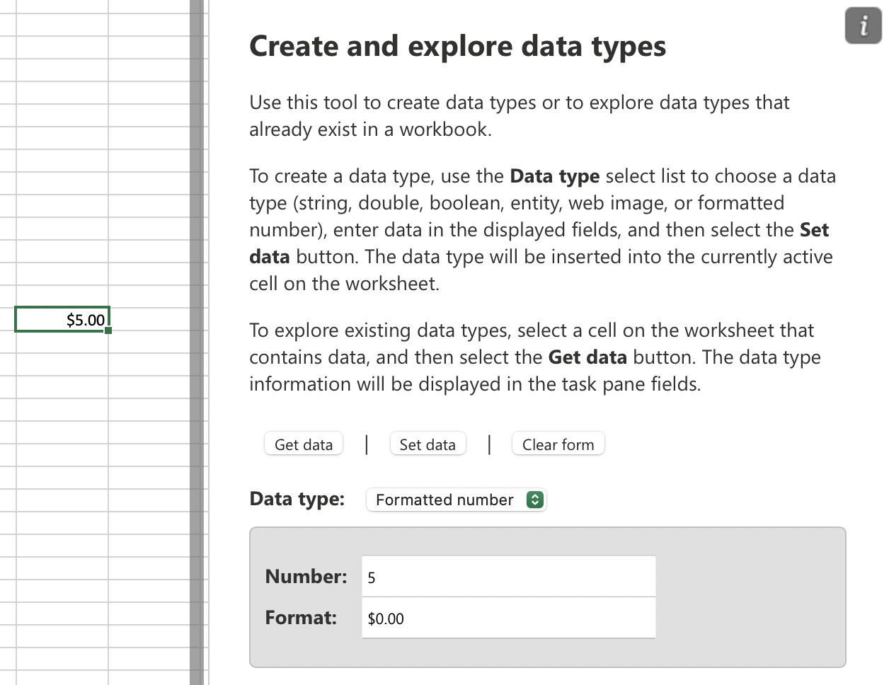 Screenshot showing the data types explorer task pane and a formatted number entity in the Excel grid.