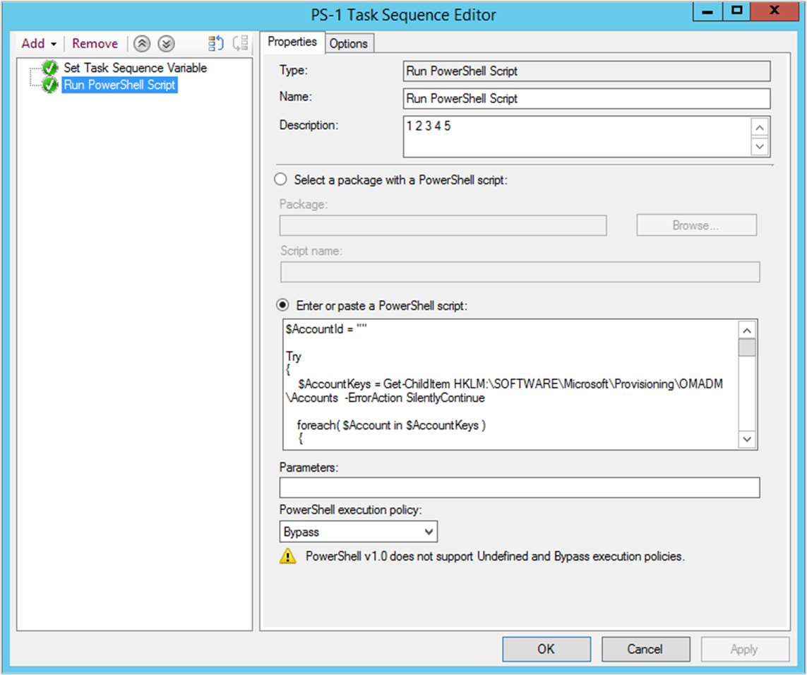 Run PowerShell Script step in sample task sequence