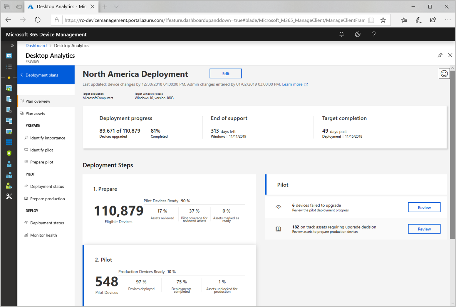 Screenshot of deployment plan overview in Desktop Analytics.