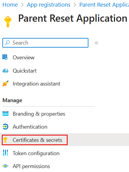 Screenshot showing location of Certificates and Secrets.