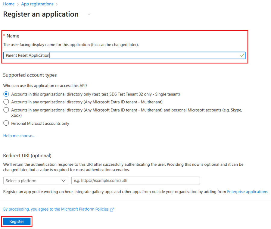 Screenshot showing how to fill out the Register an application page.