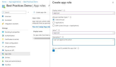 Screenshot of Create app role screen shows Allowed member types: Users/Groups.