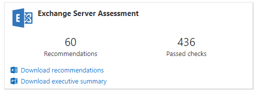 The Exchange Server Assessment tile displaying the number of recommendations and passed checks.