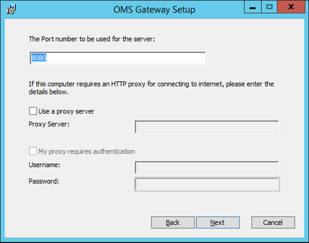 The OMS Gateway Setup window, which shows the port number is set to 8080.