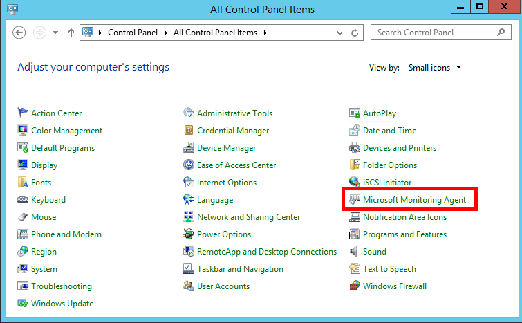 Screenshot of the All Control Panel Items menu. The Microsoft Monitoring Agent setting is highlighted.