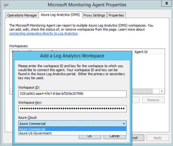 Screenshot of the Log Analytics Workspace dialog. Azure Commercial is selected from the Azure Cloud menu. 
