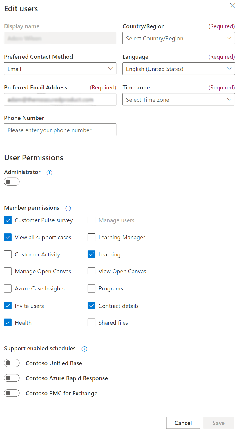 Edit users with fields for Email, Phone Number, Time Zone, Country, and Language, also possible User Permissions.
