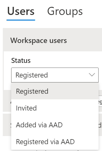 Status dropdown menu for Workspace Users, with a variety of selections such as Registered, Invited, Added.