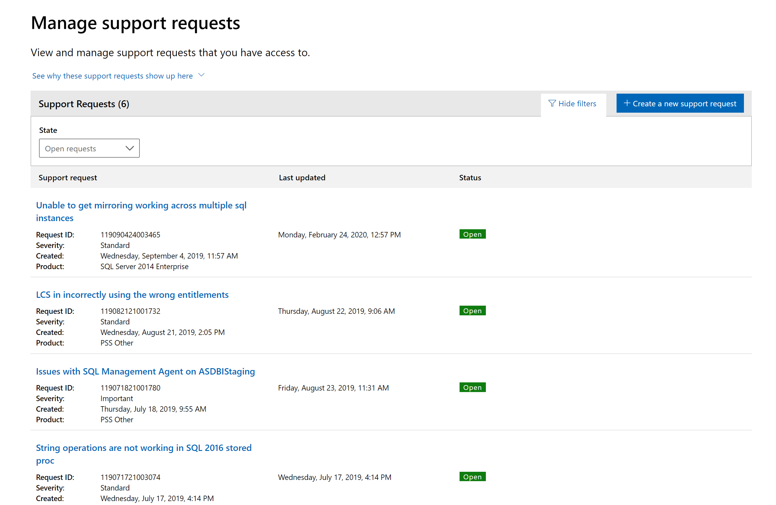 Manage Support Requests Page