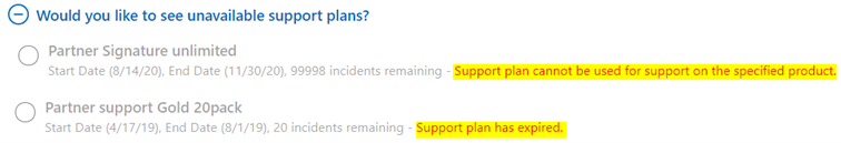 "Would you like to see unavailable support plans?" with the error messages being highlighted.