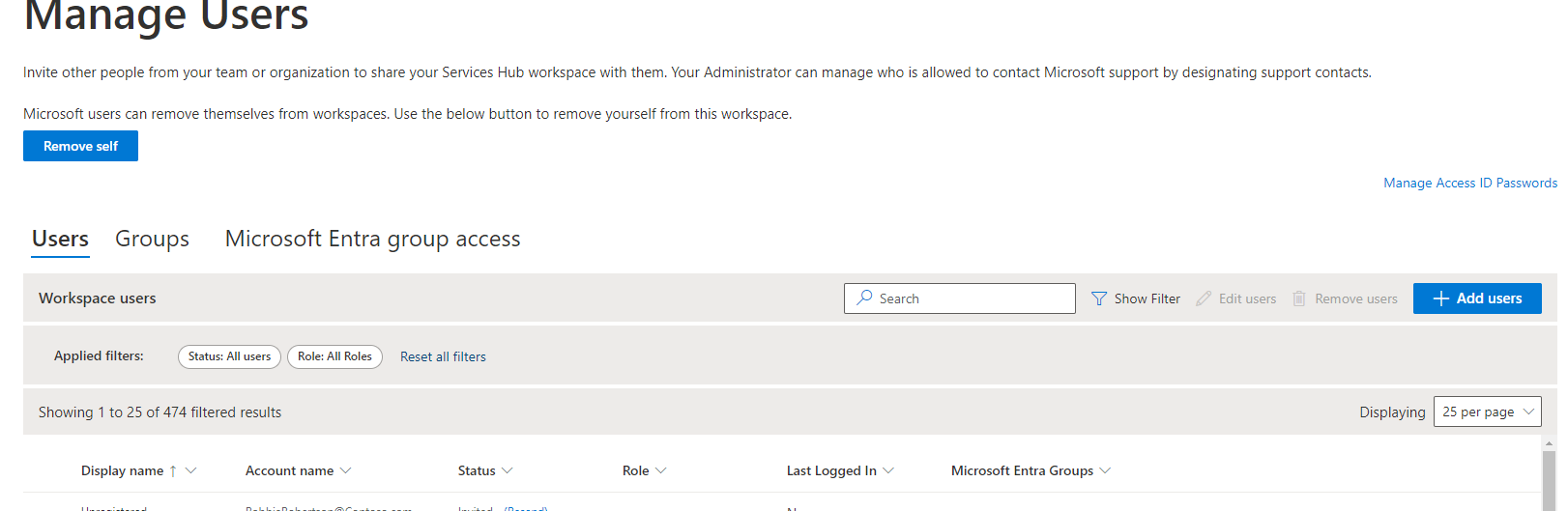 Image of the Manage users page.