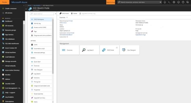 Microsoft Azure Portal window, which shows a list of Log Analytics workspaces within the user's organization.