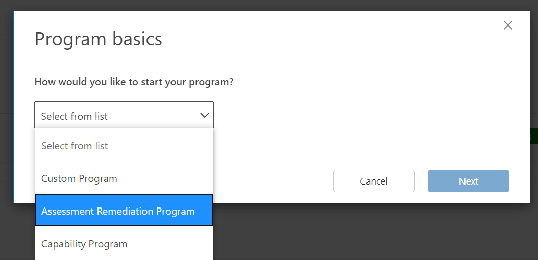 Screenshot of the Program Basics window, which shows the Assessment Remediation Program option from the drop-down menu.