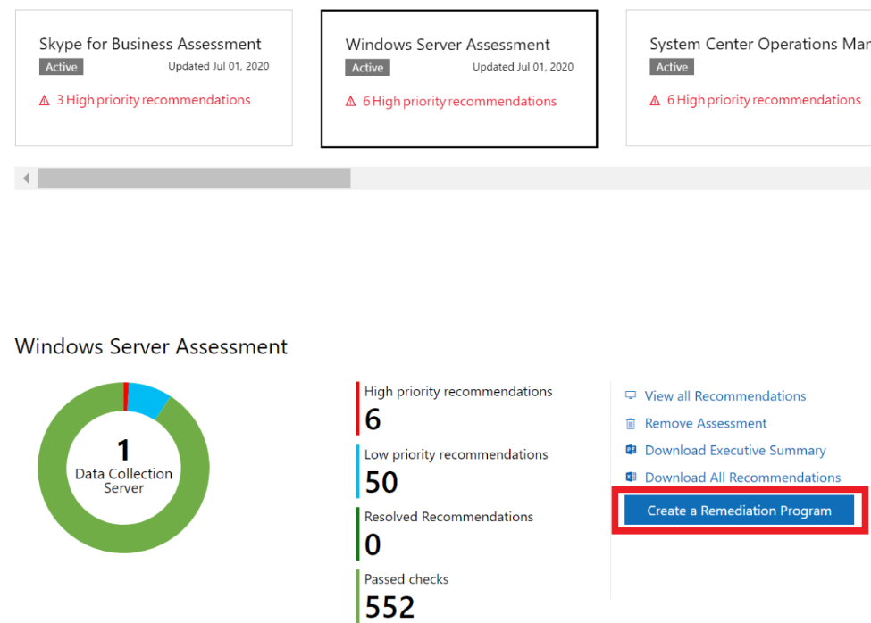 Screenshot of the Windows Server Assessment, which shows a donut graph of recommendation counts and the Create a Remediation Program button highlighted.