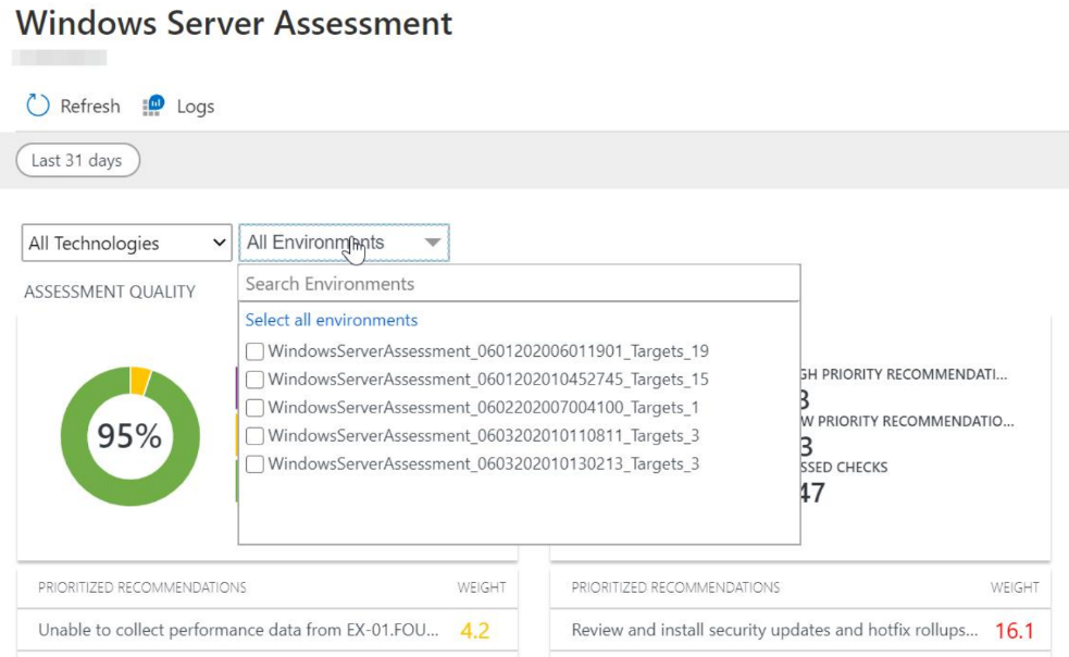 Screenshot of the Windows Server Assessment, which shows a donut graph of assessment quality with options for multiple environments.