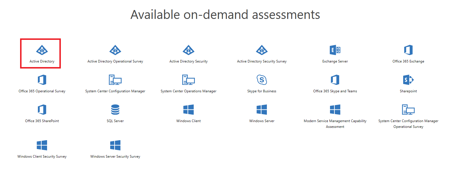 The Available On-Demand Assessments page with the Active Directory assessment highlighted.