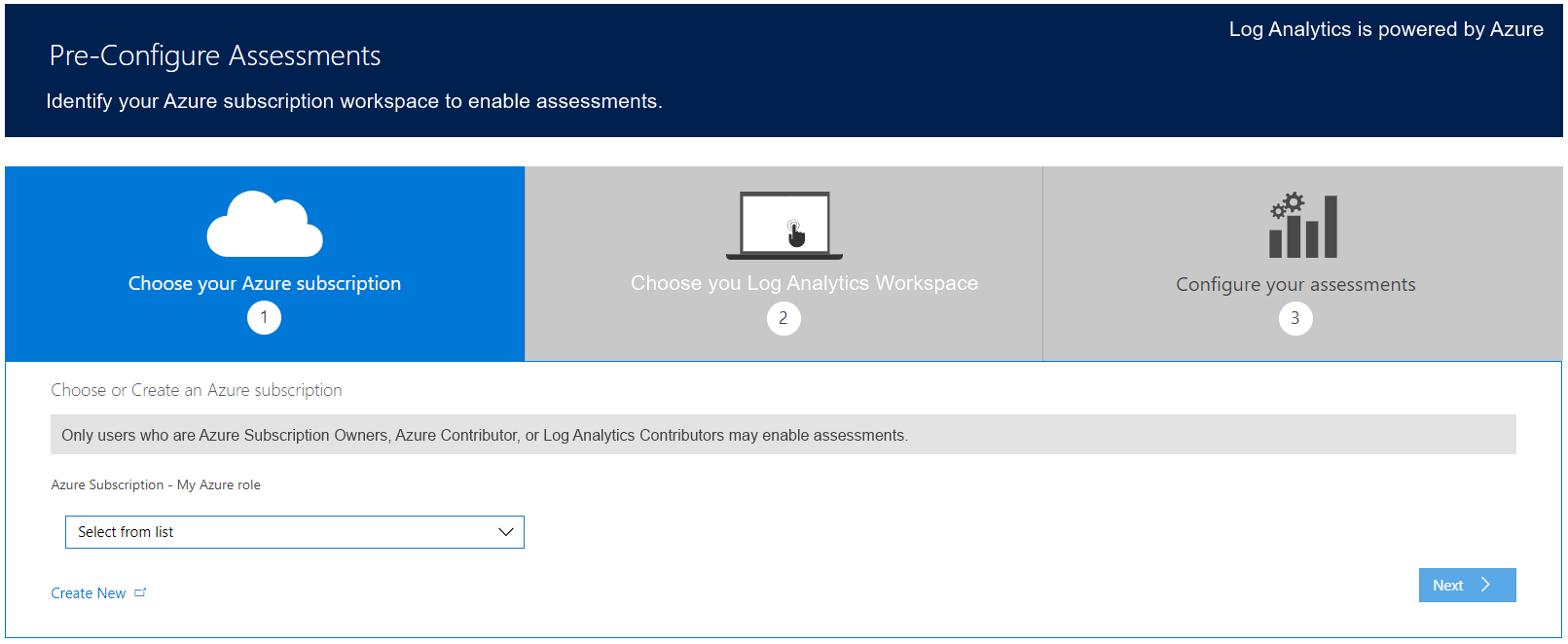 The Preconfigure Assessments page with the Choose Your Azure Subscription step highlighted.