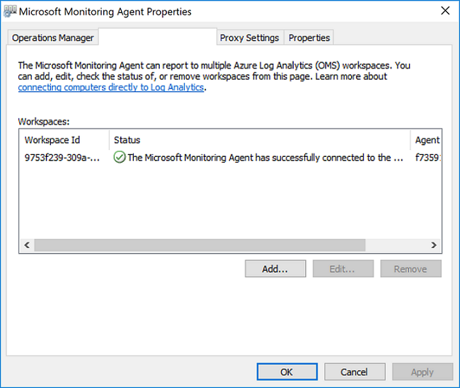 Microsoft Monitoring Agent Properties window displaying green check mark.